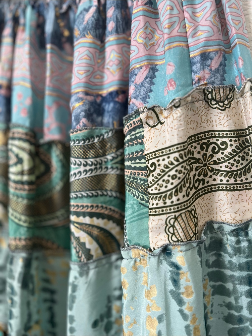 Boho Tiered Maxi Skirt in Teal Multicolor Patchwork - Picture 5 of 9